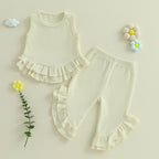 Lioraitiin Toddler Girl Outfits Solid Waffle Round Neck Ruffled Tank