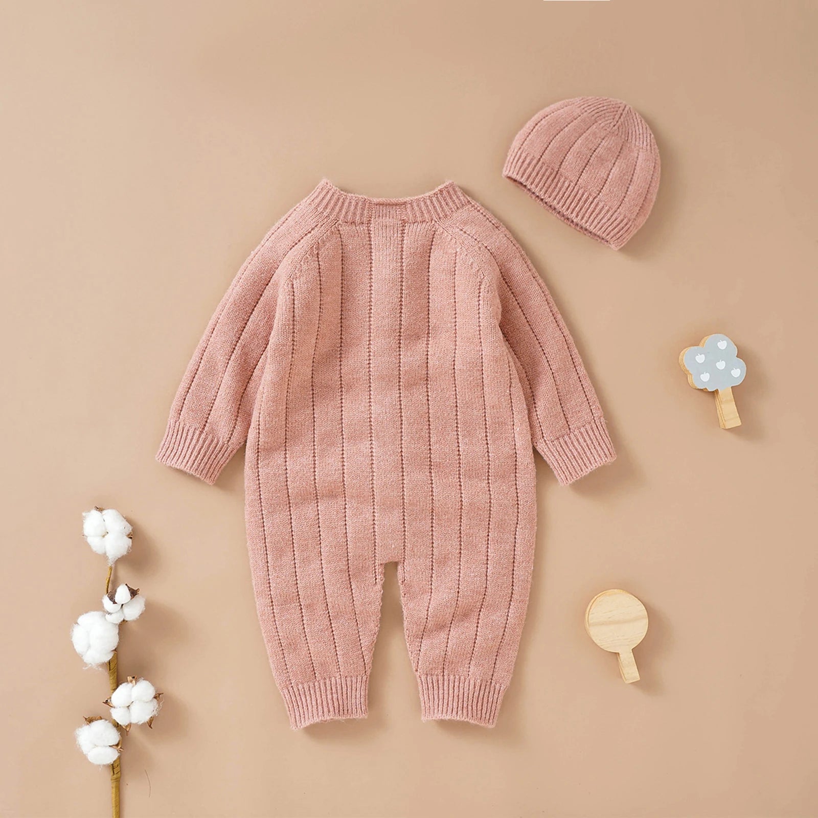 Lioraitiin Infant Jumpsuit and Cap, Solid Color Long Sleeve