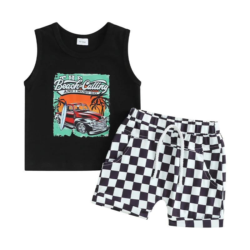 Lioraitiin Toddler Boys Outfits Letter Car Print Sleeveless Tank Tops