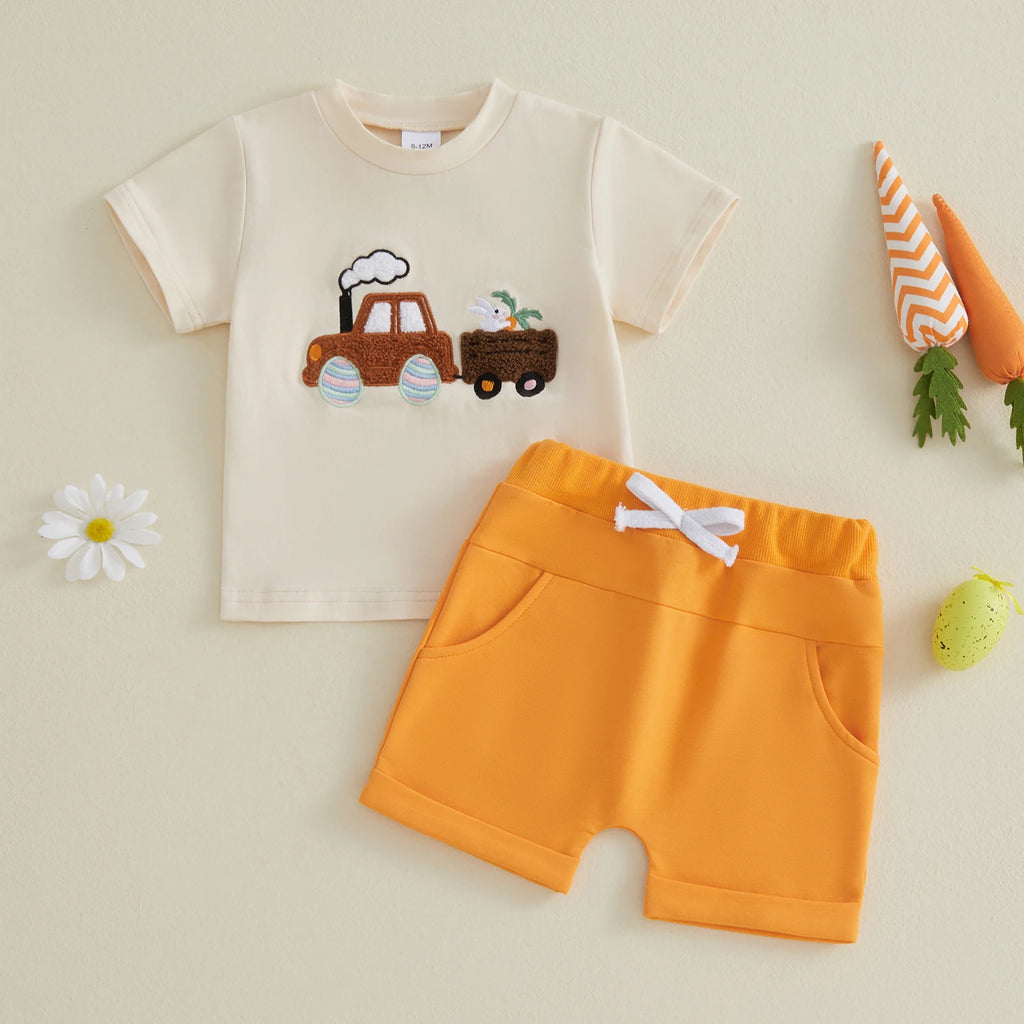 Lioraitiin Kids Boys Shorts Set Short Sleeve Embroidery T-shirt with