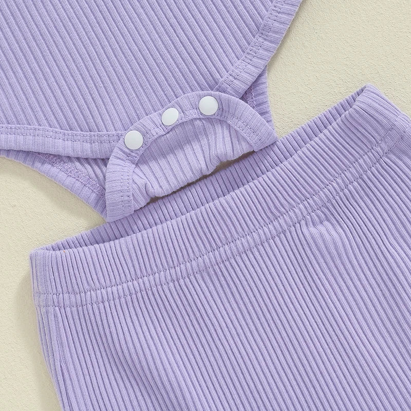 Lioraitiin Baby Girls Ribbed Set Letter Print Long Sleeve Round Neck