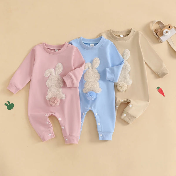 Lioraitiin Baby Girls Boys Easter Rompers Plush Bunny Embroidery Fur