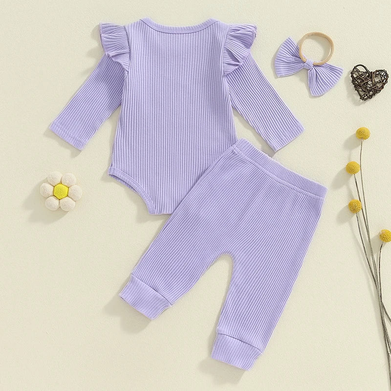 Lioraitiin Baby Girls Ribbed Set Letter Print Long Sleeve Round Neck