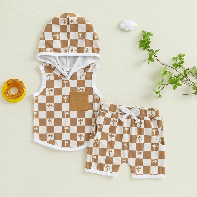 Lioraitiin Toddler Baby Boy Checkered Outfit Tree Print Sleeveless