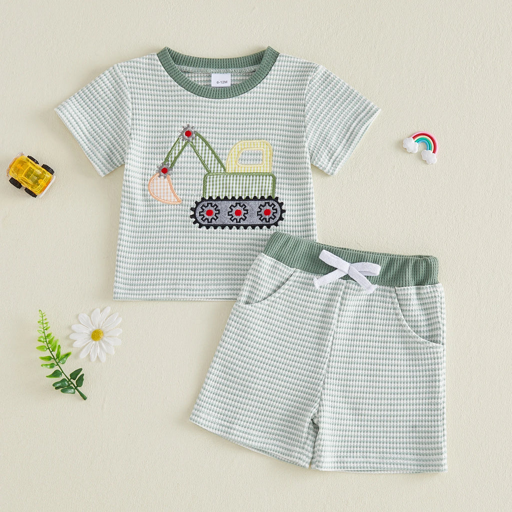 Toddler Baby Boy Outfit Excavator Embroidered Striped Short Sleeve
