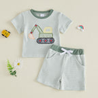 Toddler Baby Boy Outfit Excavator Embroidered Striped Short Sleeve