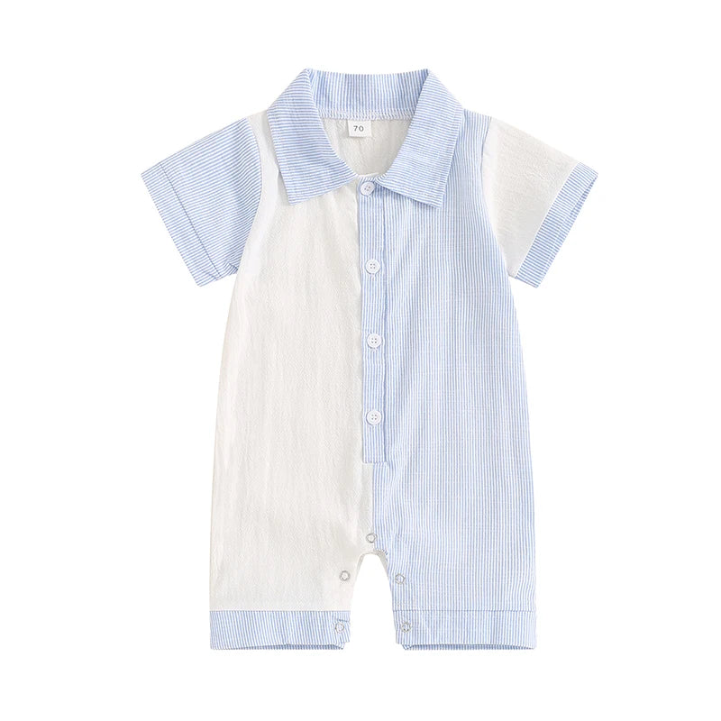 Lioraitiin Baby Boy Jumpsuit Short Sleeve Lapel Collar Stripes Print