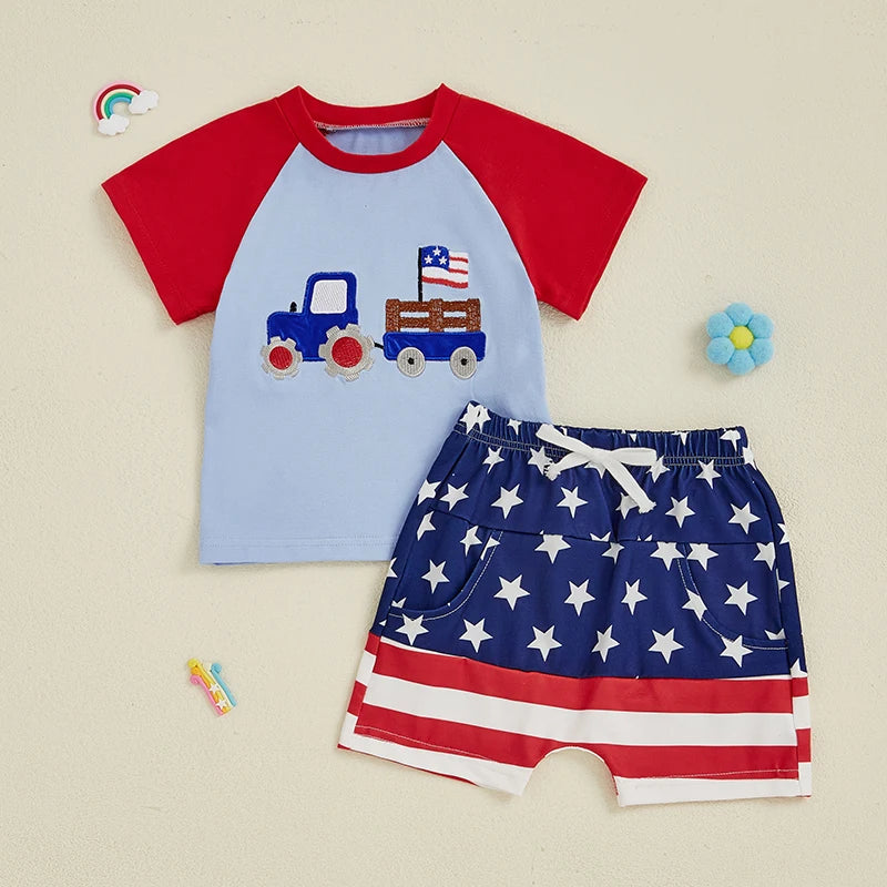 Lioraitiin Baby Boys Patriotic Outfits Tractor Embroidery Short
