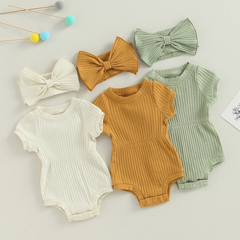 Lioraitiin Baby Girl Outfits Solid Color Short Sleeve Romper With Bow