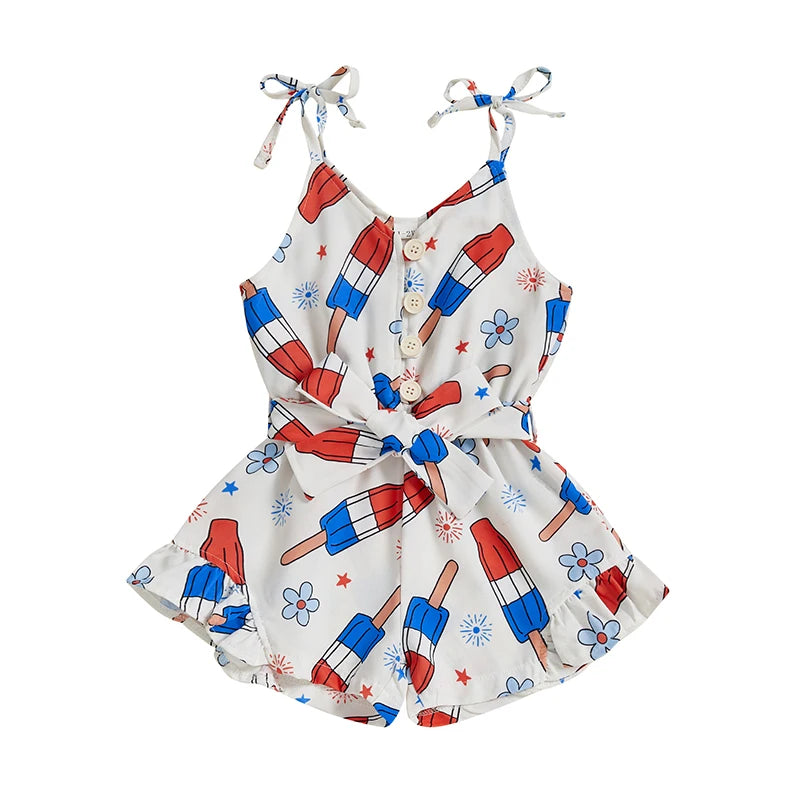 Lioraitiin Kid Girl 4th of July Overalls Shorts Bow/Popsicle Print