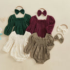Lioraitiin Baby Girls Romper Long Sleeve Square Neck Solid Color