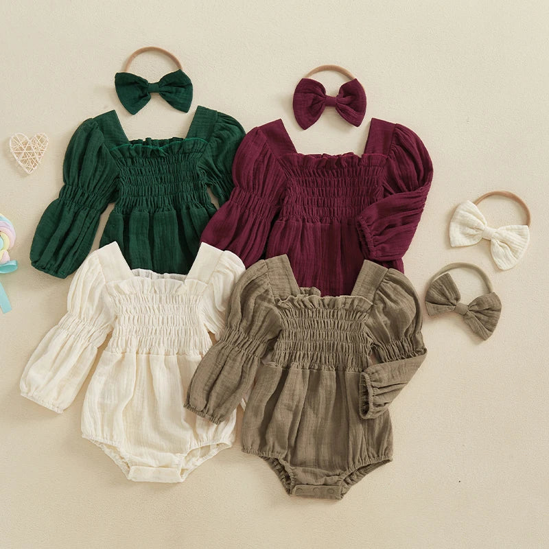 Lioraitiin Baby Girls Romper Long Sleeve Square Neck Solid Color