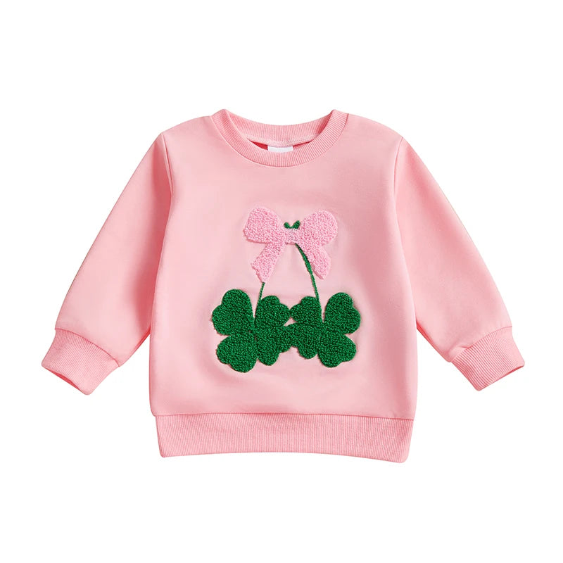 Toddler Baby Girl Irish Sweatshirt Bow Clover Embroidery Long Sleeve
