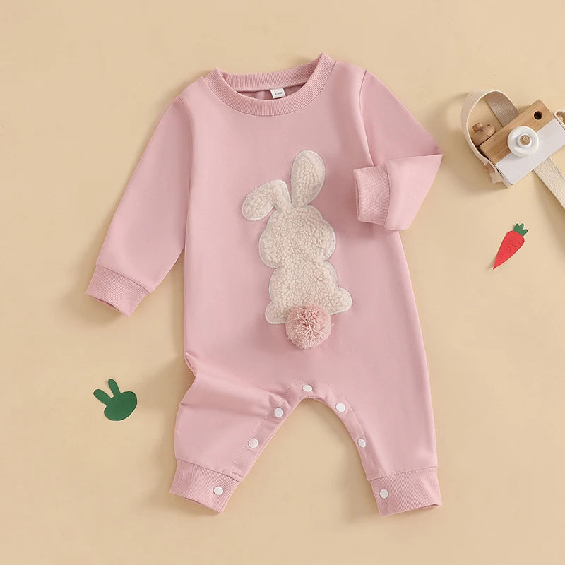 Lioraitiin Baby Girls Boys Easter Rompers Plush Bunny Embroidery Fur