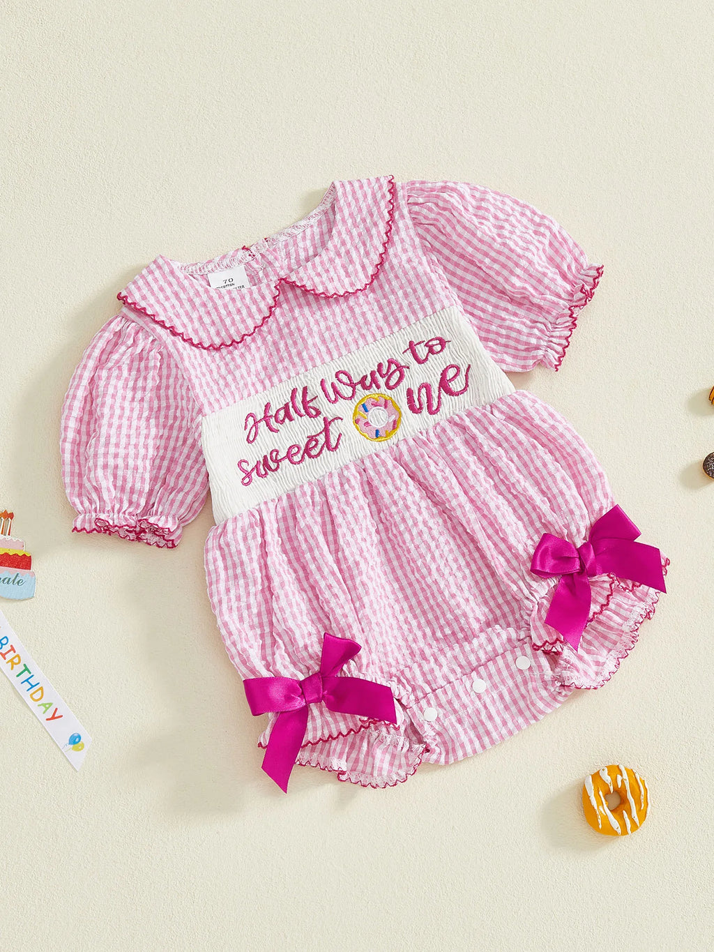 Lioraitiin Baby Girls Birthday Romper Plaid Print Letter Donut