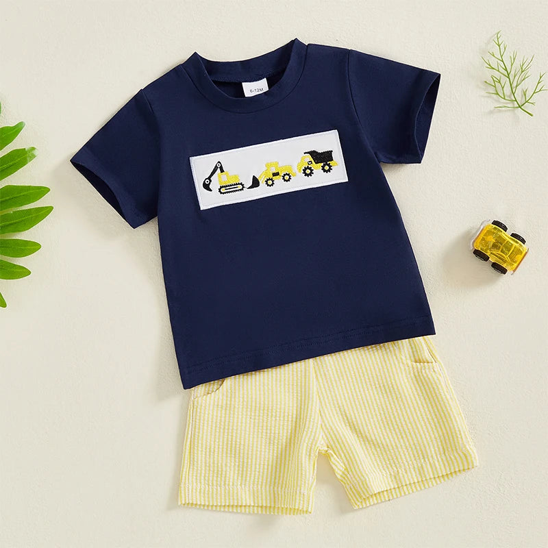 Lioraitiin Toddler Baby Boy Shorts Set Tractor Embroidery Short