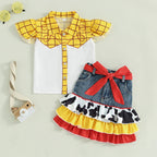 Lioraitiin Girls Outfits Plaid Print Fly Sleeve Shirts Cow Pattern