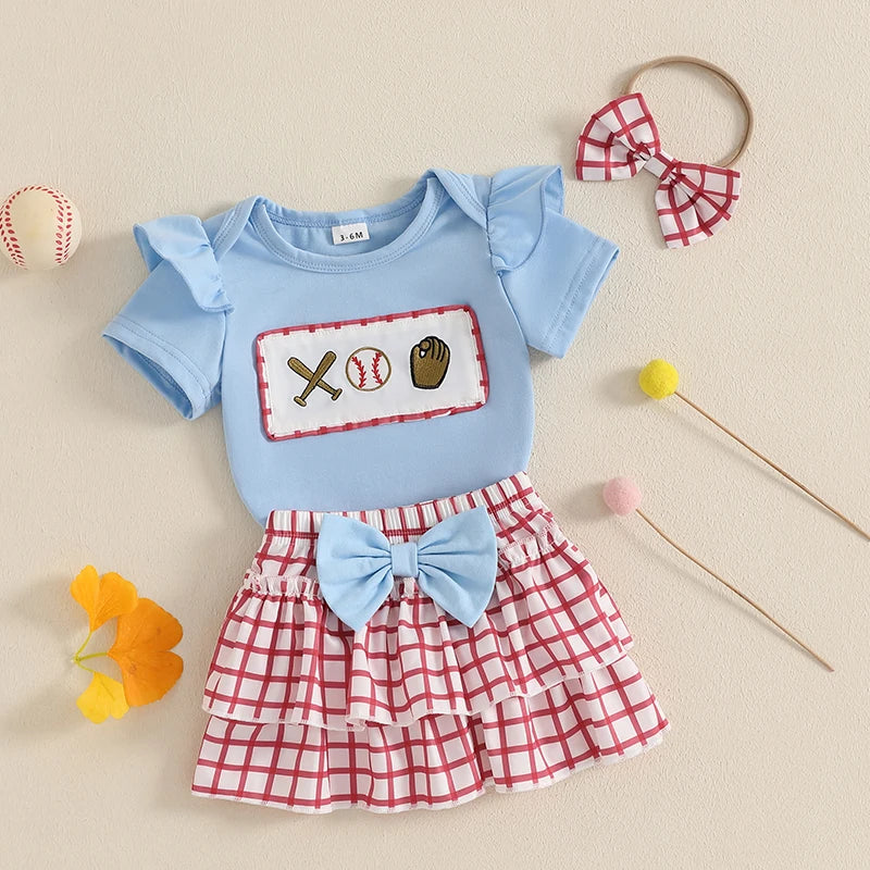 Lioraitiin Baby Girl Outfits Short Sleeve Baseball Embroidery Romper