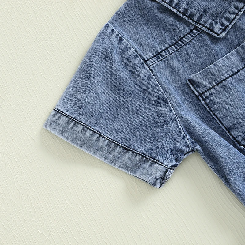 Toddler Girls Denim Overalls Shorts Short Sleeves Turn Down Collar