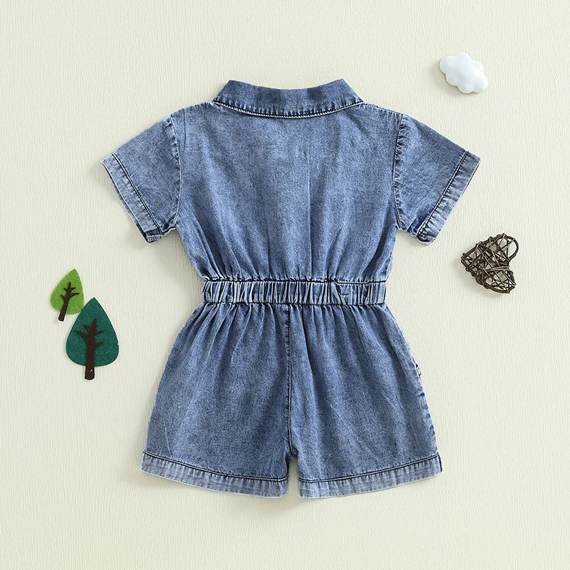 Toddler Girls Denim Overalls Shorts Short Sleeves Turn Down Collar