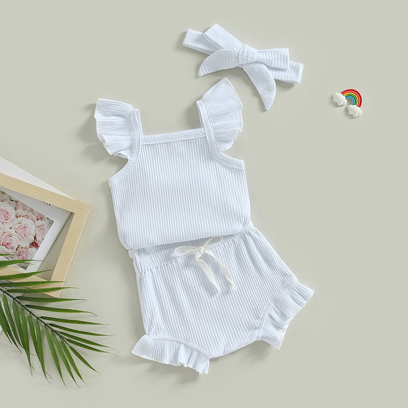 Lioraitiin 0-18M Toddler Girls 3Pcs Fly Sleeve Solid Romper Tops