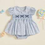 Lioraitiin Baby Girls Romper Dress Short Sleeve Bow Embroidery Floral
