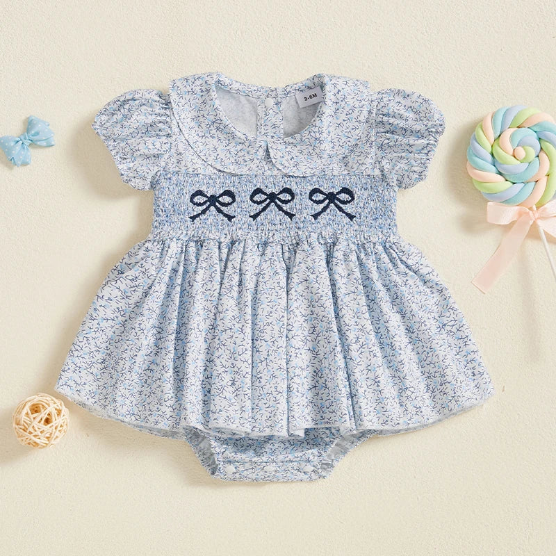 Lioraitiin Baby Girls Romper Dress Short Sleeve Bow Embroidery Floral