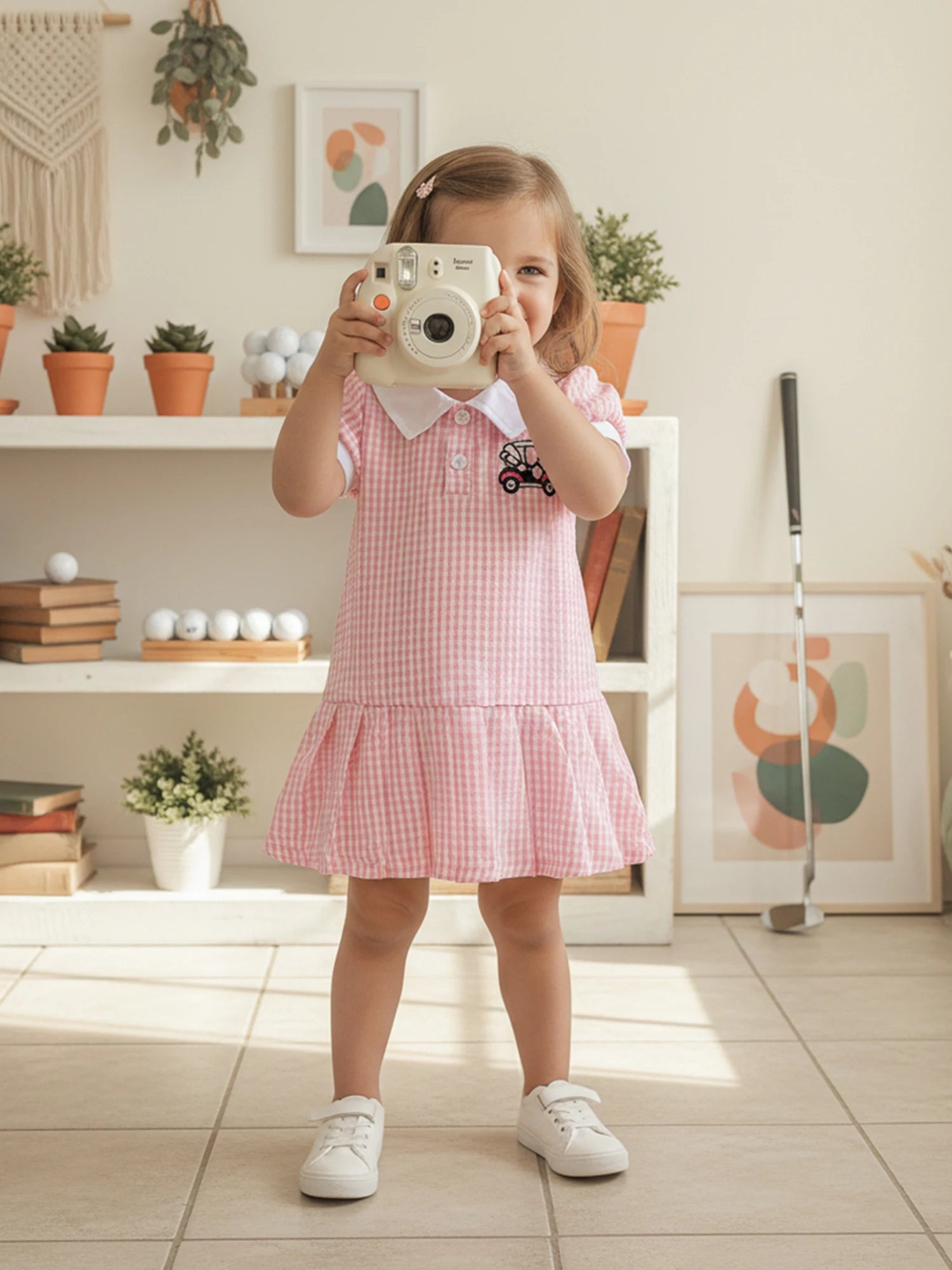 Lioraitiin Toddler Girl A Line Dress Plaid Print Lapel Short Sleeves
