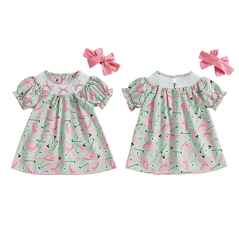 Lioraitiin Toddler Baby Girl Golf Outfit Bow Shirred Short Sleeve
