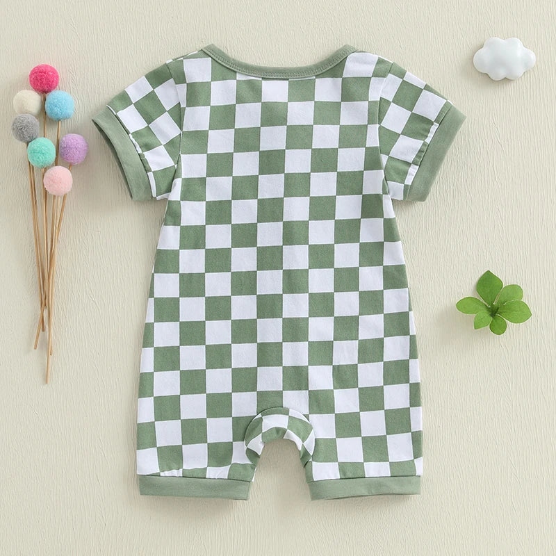 Lioraitiin Baby Boys Romper Checkerboard Print Short Sleeve Round