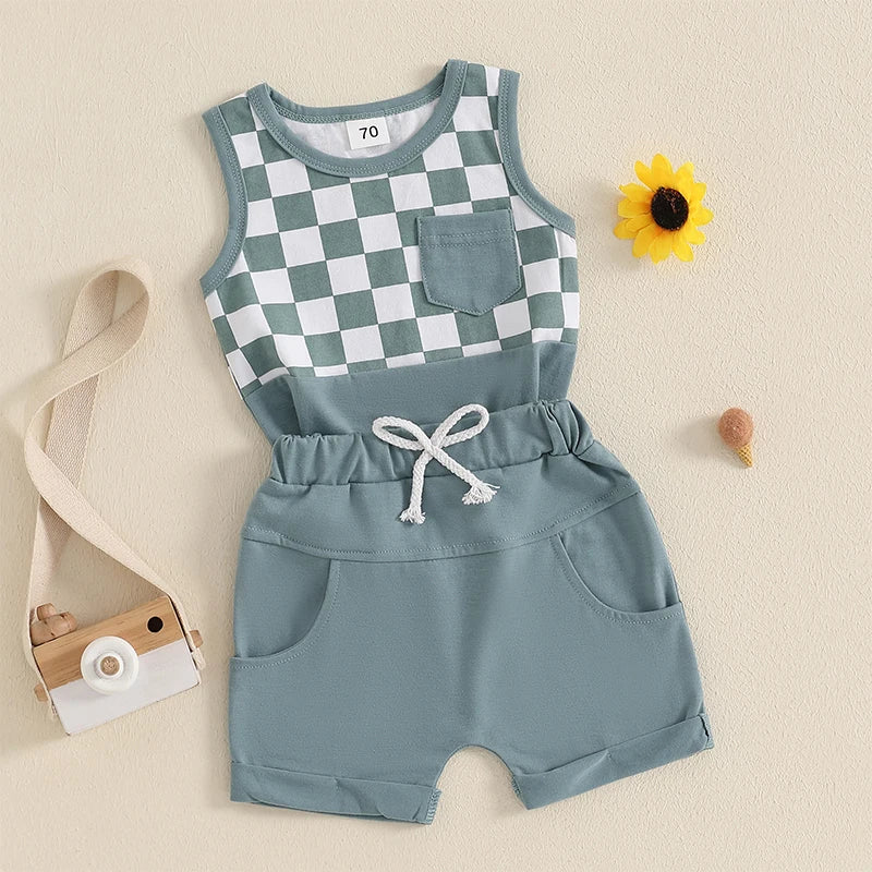 Lioraitiin Toddler Boys Outfits Checkerboard Patchwork Round Neck