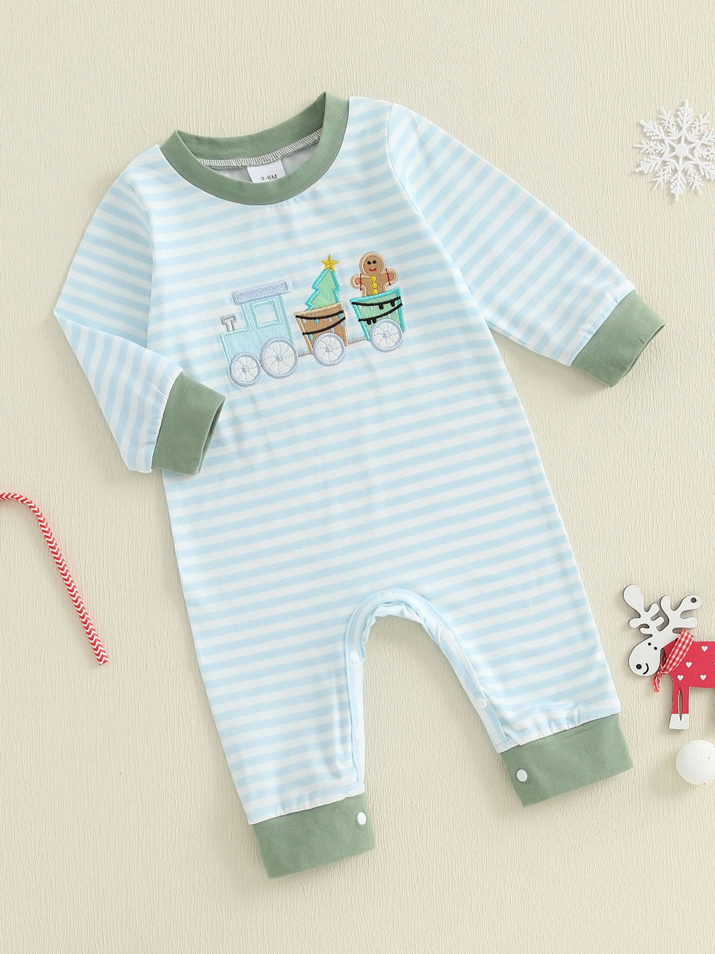 Lioraitiin Baby Boy Romper Embroidered Striped Crew Neck Long Sleeve