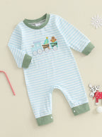 Lioraitiin Baby Boy Romper Embroidered Striped Crew Neck Long Sleeve