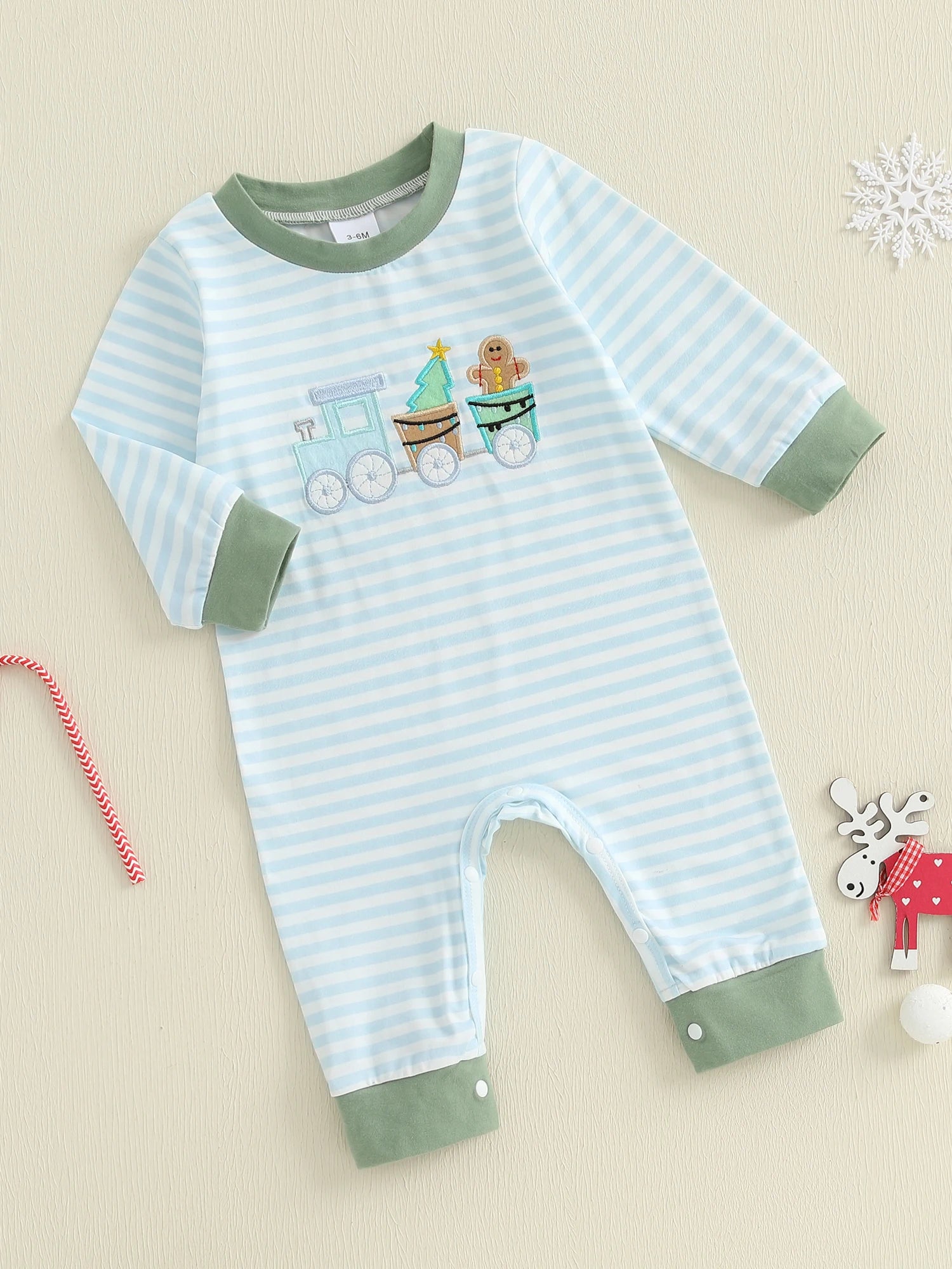 Lioraitiin Baby Boy Romper Embroidered Striped Crew Neck Long Sleeve