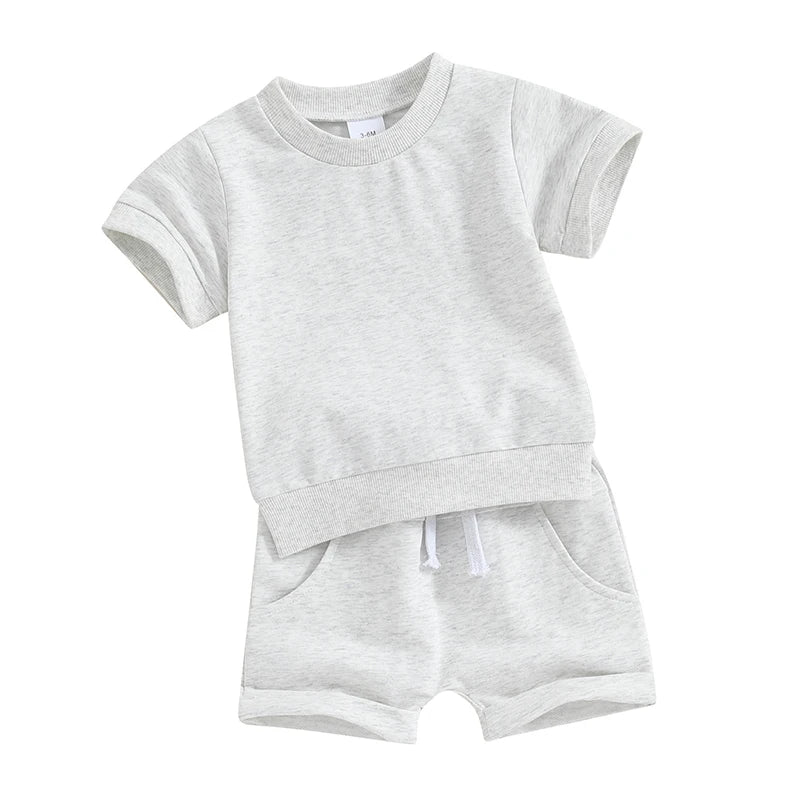 Toddler Baby Solid Color Short Sleeve Round Neck T-Shirt with Shorts