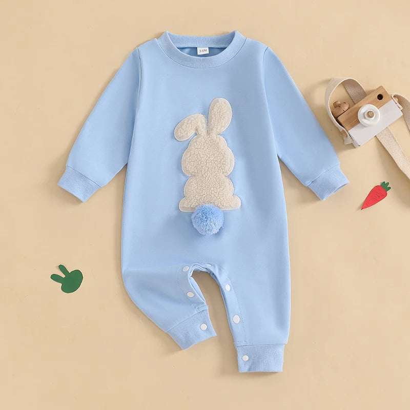 Lioraitiin Baby Girls Boys Easter Rompers Plush Bunny Embroidery Fur