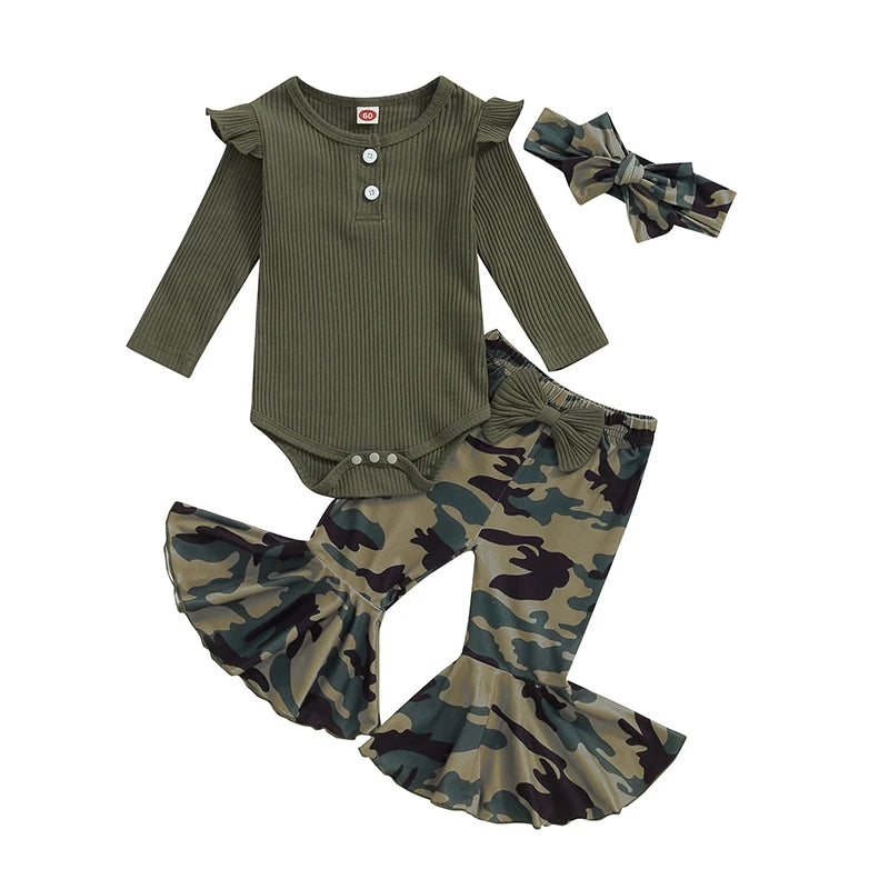 Lioraitiin Baby Girl 3 Piece Outfit, Long Sleeve Ribbed Solid Color