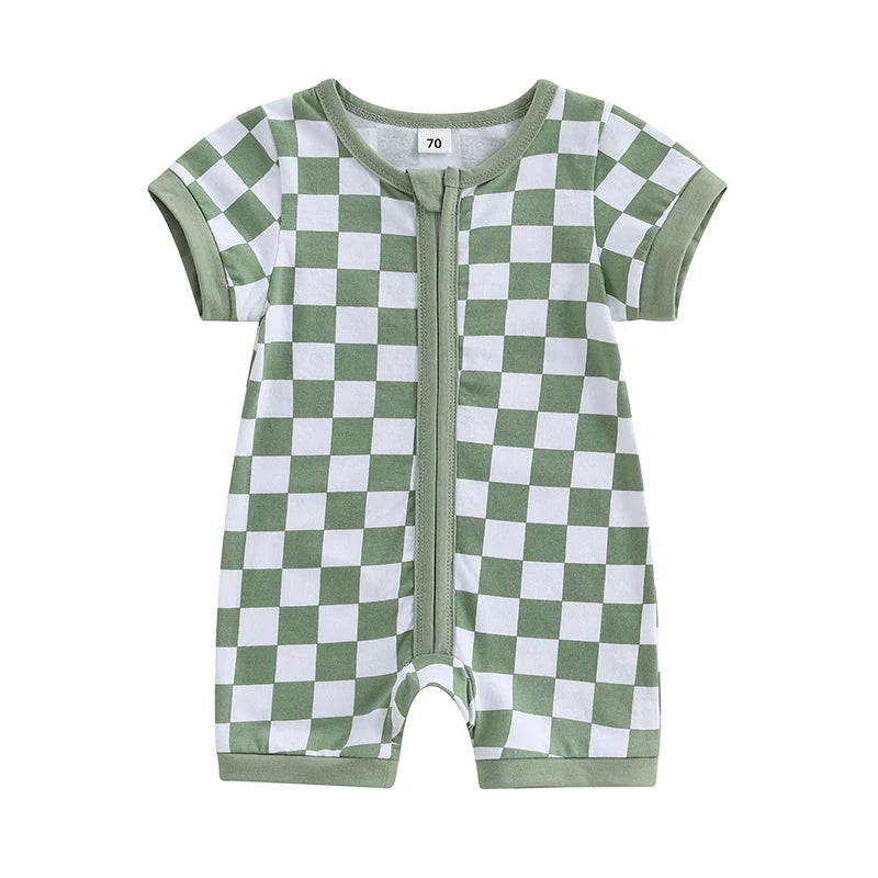 Lioraitiin Baby Boys Romper Checkerboard Print Short Sleeve Round