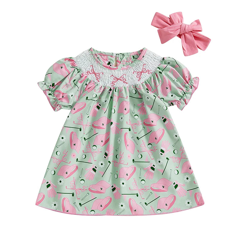 Lioraitiin Toddler Baby Girl Golf Outfit Bow Shirred Short Sleeve