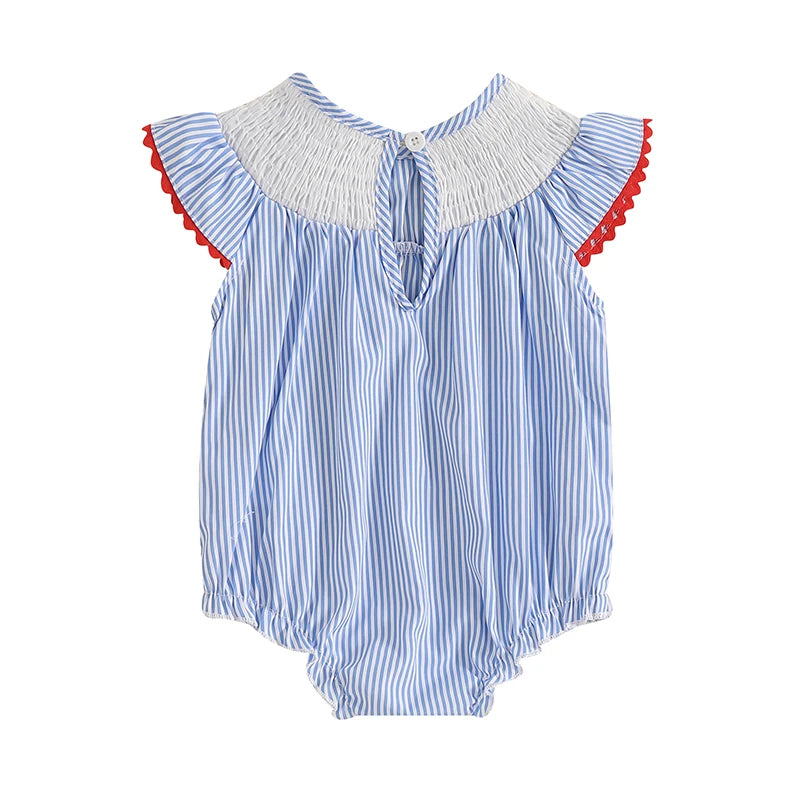 Lioraitiin Baby Girls Romper Fly Sleeve Crew Neck Stripes Embroidery