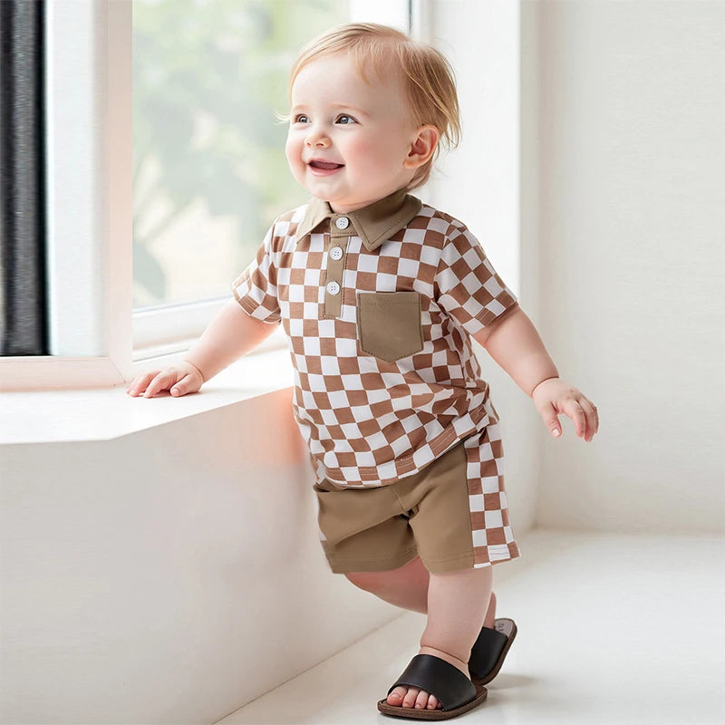 Lioraitiin Toddler Boys Shorts Sets Short Sleeve Lapel Checkerboard