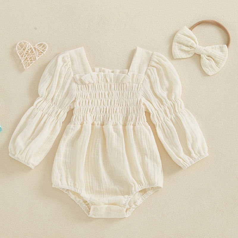 Lioraitiin Baby Girls Romper Long Sleeve Square Neck Solid Color