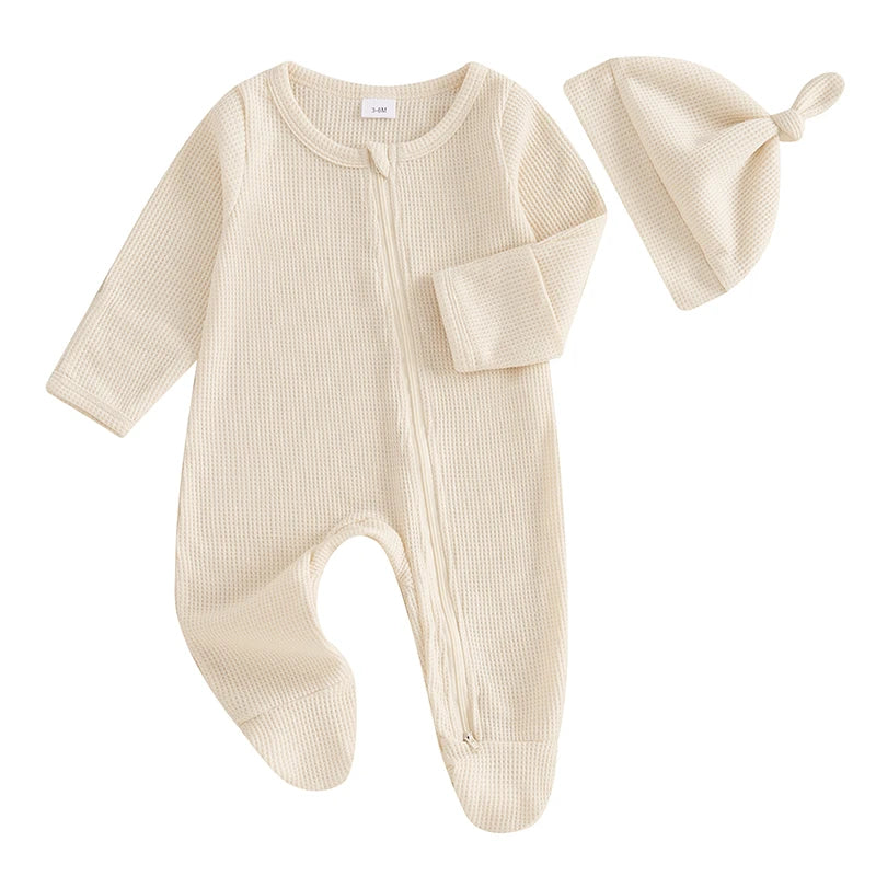 Lioraitiin Newborn Baby Footed Romper Solid Color Waffle Long Sleeve