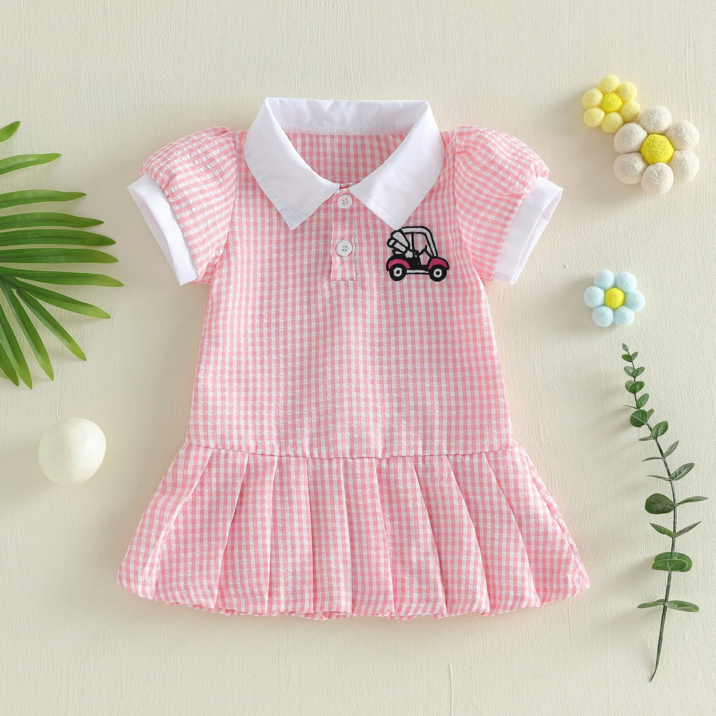 Lioraitiin Toddler Girl A Line Dress Plaid Print Lapel Short Sleeves