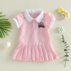 Lioraitiin Toddler Girl A Line Dress Plaid Print Lapel Short Sleeves