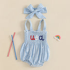 Lioraitiin Baby Girl July 4th Outfit Plaid Letter Embroidery Shirred