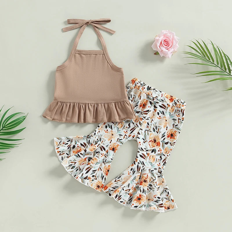 Lioraitiin 0-24M Newborn Baby Girls 2Pcs Set Lacing Halterneck Vest