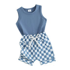 lioraitiin Baby Boy Solid Sleeveless Tank Top Checkered Shorts 2Pcs