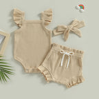 Lioraitiin 0-18M Toddler Girls 3Pcs Fly Sleeve Solid Romper Tops