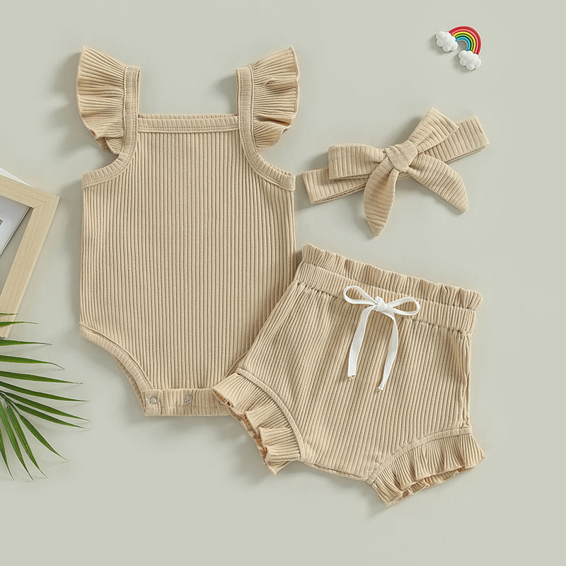 Lioraitiin 0-18M Toddler Girls 3Pcs Fly Sleeve Solid Romper Tops